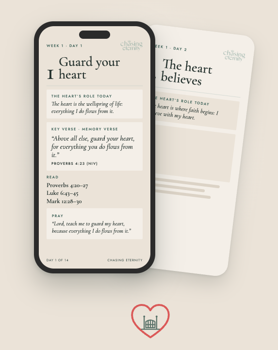A phone showing the Day 1 Guard Your Heart study card, with the Day 2 card behind it and the heart-and-gate emblem below
